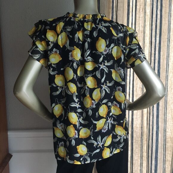 EUC White House Black Market Black Mesh Ruffle Lemon Top S - Picture 8 of 9